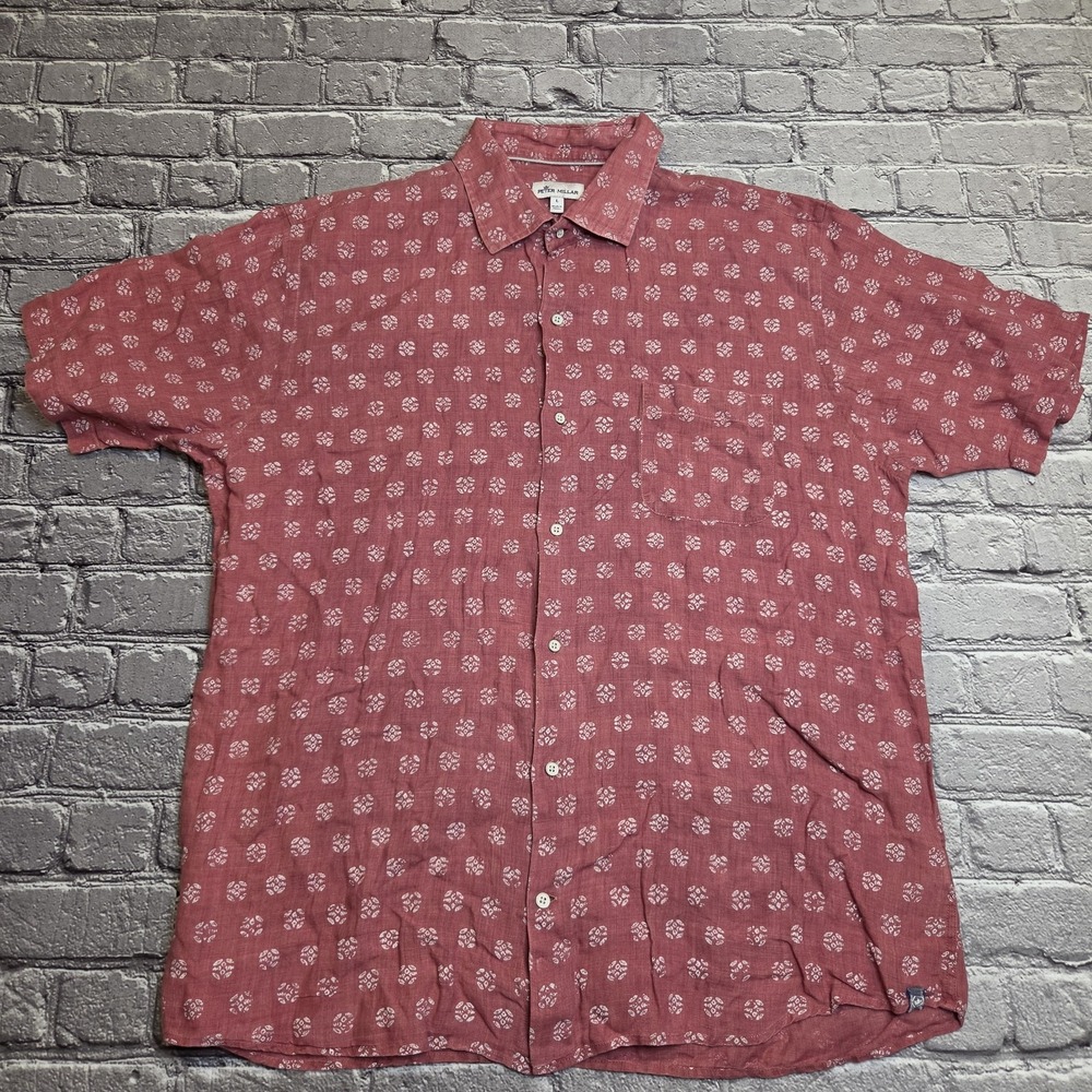 Peter Millar 100% Linen Casual Button Up Shirt Men's Large Print Short Sleeve